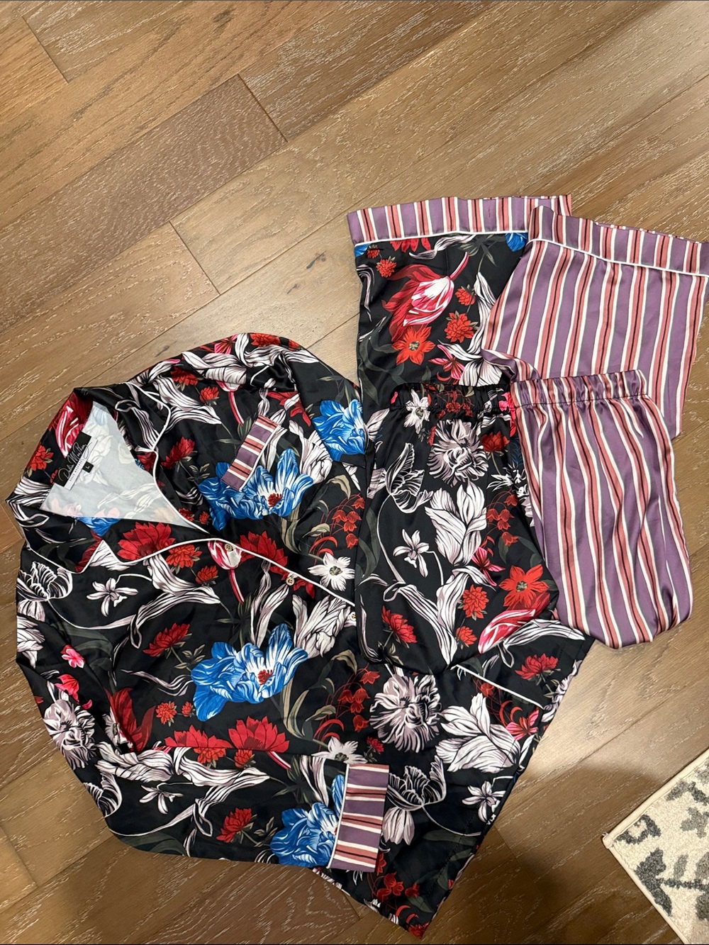 Dalia Macphee Black Floral Straight-Leg Pants with Red & Blue Blooms